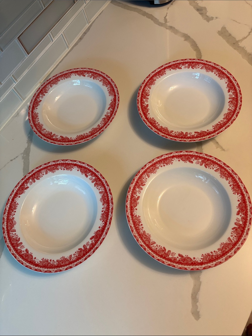 Set of 4 Gibson  Elite White Ceramic Bowls with Red Floral Rim